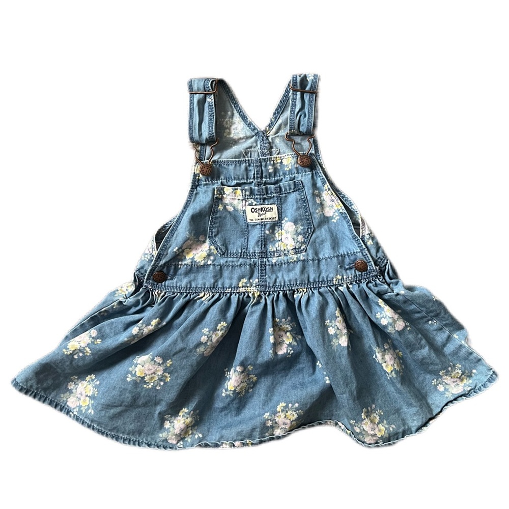 Osh Kosh B’Gosh denim overall dress, size 24mos, floral, adjustable straps VGUC